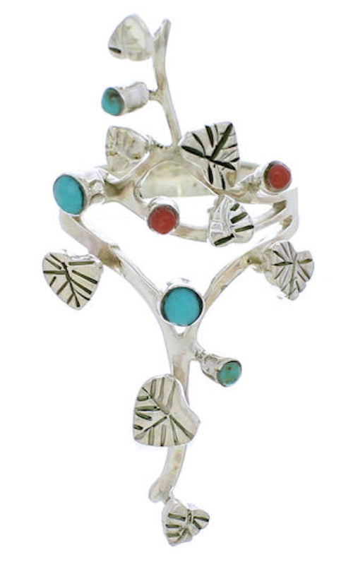 Southwest Silver Turquoise Coral Jewelry Ring Size 6-1/2 EX22758